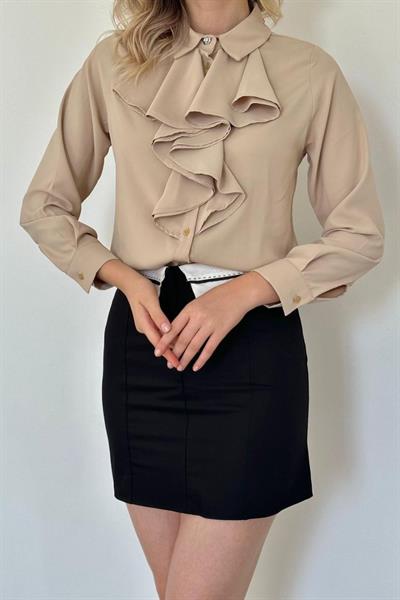 Bej Jesica Volanlı Taş Düğme Detaylı Gömlek