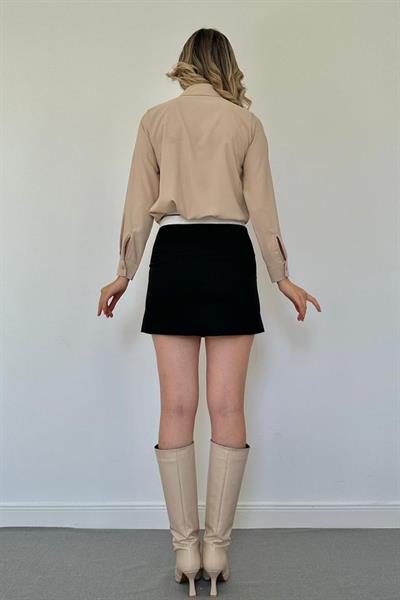 Bej Jesica Volanlı Taş Düğme Detaylı Gömlek