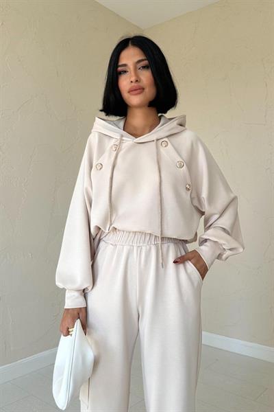Bej Kapüşonlu Sweatshirt Ve Kargo Pantolon Takım