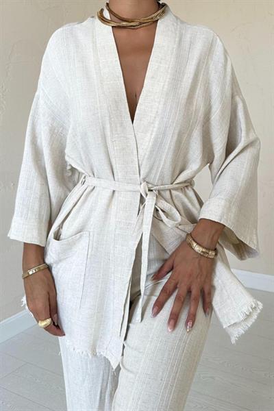 Bej Kimono Ve Pantolon Takım