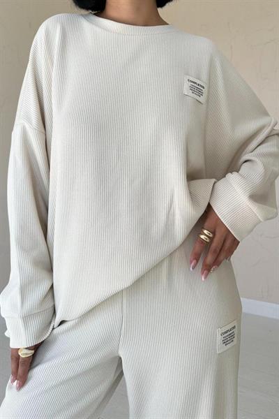 Bej Klasik Fitilli Kazak Ve Pantolon Takım