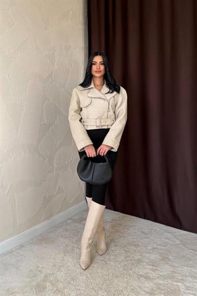 Bej Kuşgözü Kaşe Manto