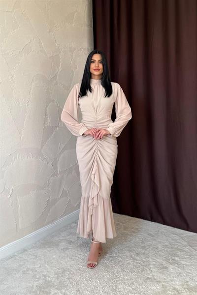 Bej Önü Büzgülü Şifon Elbise