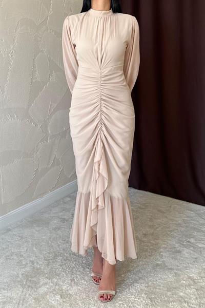 Bej Önü Büzgülü Şifon Elbise