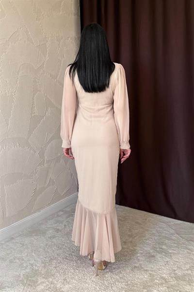 Bej Önü Büzgülü Şifon Elbise