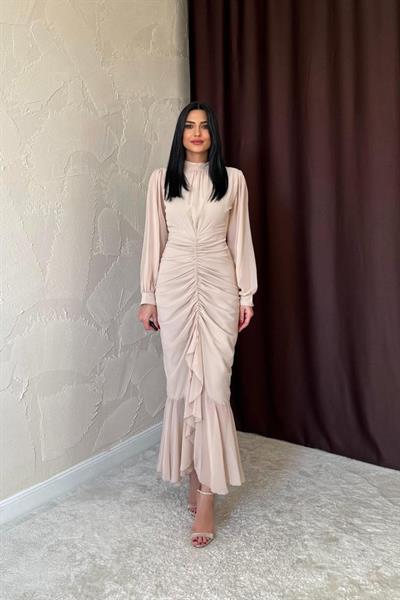 Bej Önü Büzgülü Şifon Elbise