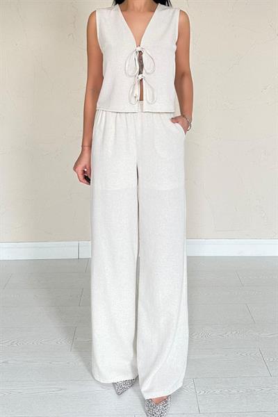 Bej Önü Fiyonklu Keten Takım