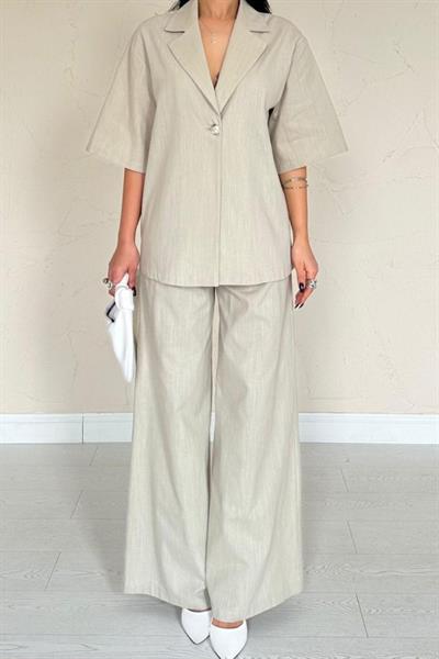 Bej Önü Tek Düğmeli Ceket Pantolon Takım