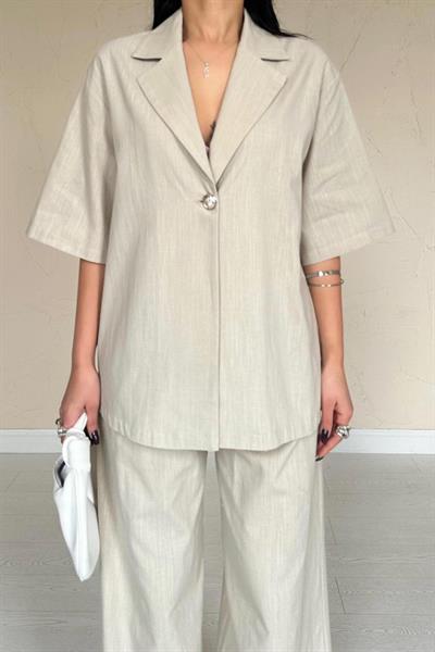 Bej Önü Tek Düğmeli Ceket Pantolon Takım