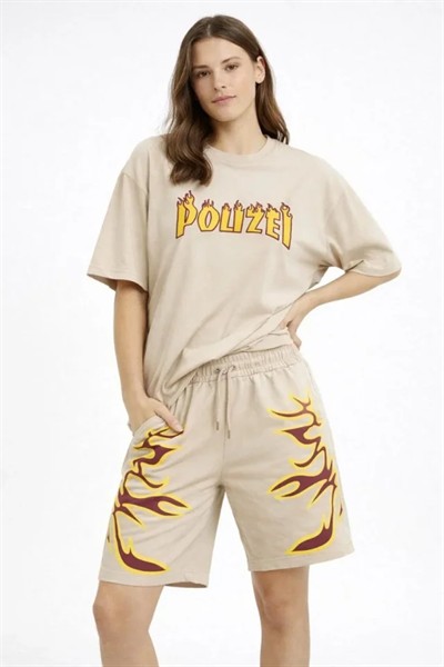 Bej Oversize Baskılı Tişört Şort Takım Cepli Şort Yazlık Rahat Günlük Kombin - Bej
