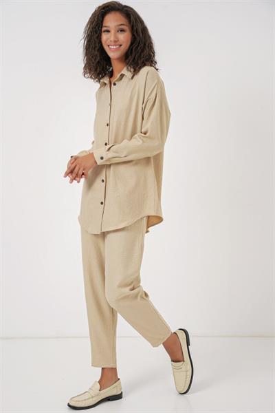 Bej Oversize Keten Alt Üst Takım 6622