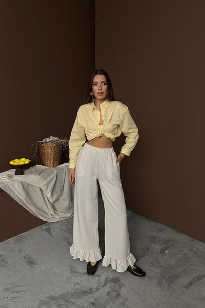 Bej Paçası Fırfırlı Keten Pantolon