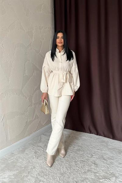 Bej Petek Jakar Kumaşlı Gömlek