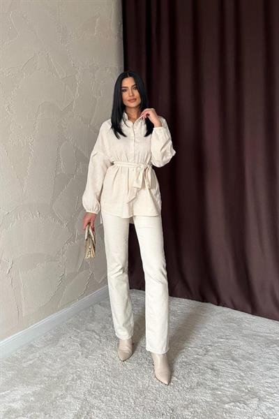 Bej Petek Jakar Kumaşlı Gömlek