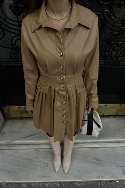 Bej Piliseli Deri Elbise