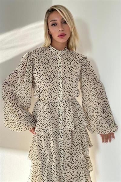 Bej Puantiyeli Şifon Kat Elbise