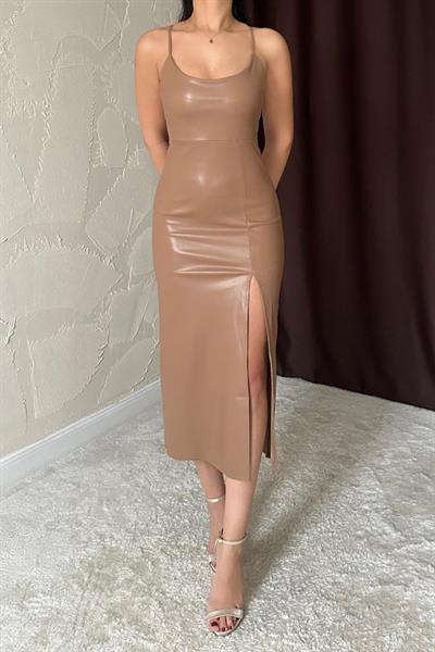 Bej Sırt Dekolteli Deri Elbise
