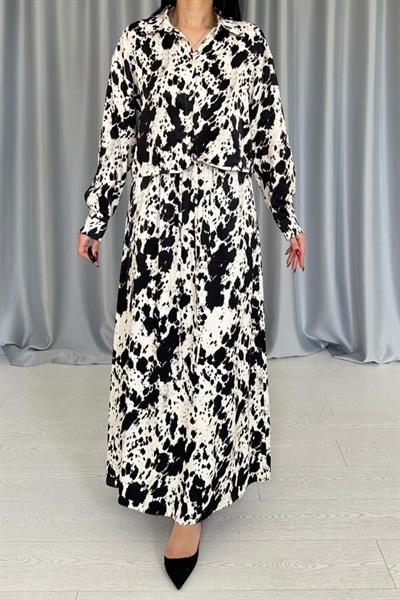 Bej Siyah Desenli Viskon Takım