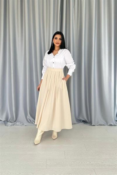 Bej Uzun Pileli Etek