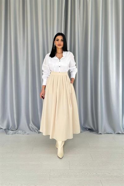 Bej Uzun Pileli Etek