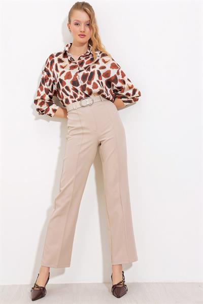Bej Yüksek Bel Kumaş Pantolon 6584
