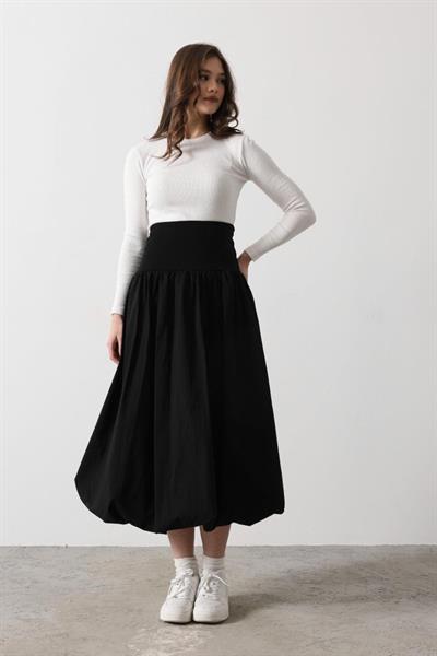 Bel Bantlı Balon Etek - Siyah
