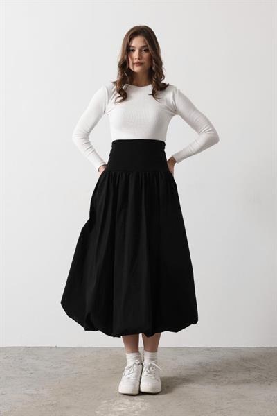 Bel Bantlı Balon Etek - Siyah