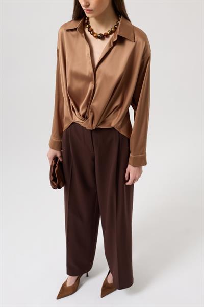 Bel Büzgülü Crop Saten Gömlek