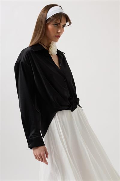 Bel Büzgülü Crop Saten Gömlek