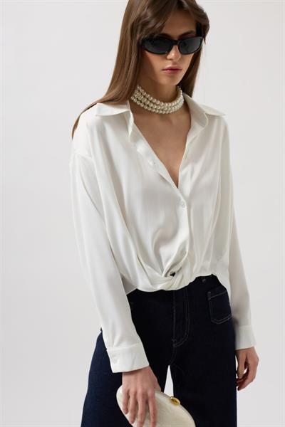 Bel Büzgülü Crop Saten Gömlek