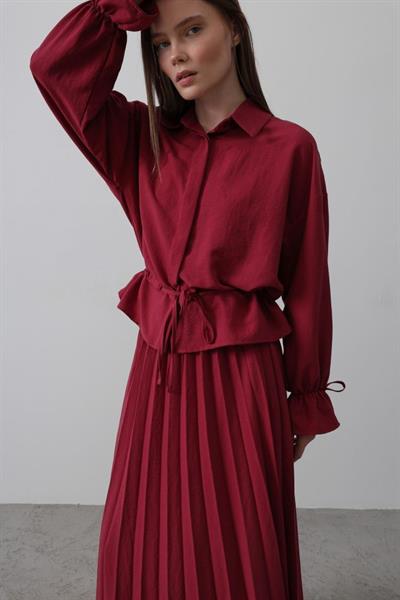 Bel Detaylı Bluz Pileli Etek - Bordo