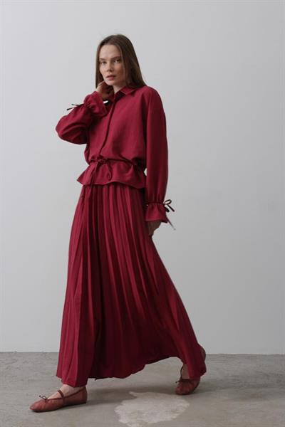 Bel Detaylı Bluz Pileli Etek - Bordo