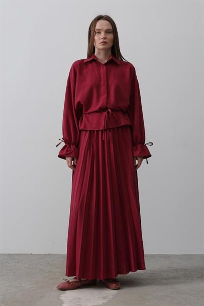 Bel Detaylı Bluz Pileli Etek - Bordo