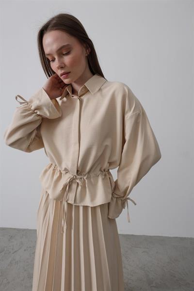 Bel Detaylı Bluz Pileli Etek - Taş