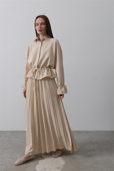 Bel Detaylı Bluz Pileli Etek - Taş