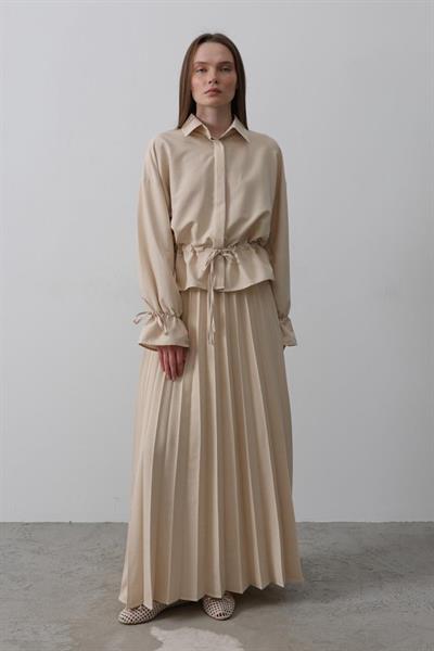 Bel Detaylı Bluz Pileli Etek - Taş