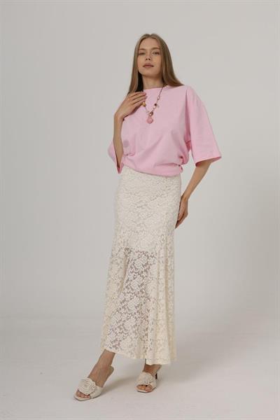 Bel Lastikli Dantel Etek - Krem