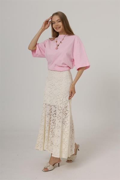 Bel Lastikli Dantel Etek - Krem