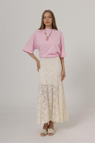 Bel Lastikli Dantel Etek - Krem
