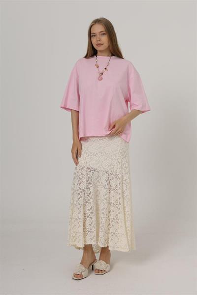 Bel Lastikli Dantel Etek - Krem