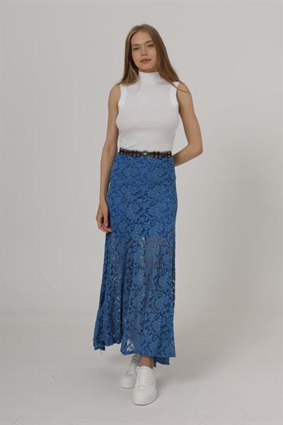 Bel Lastikli Dantel Etek - Mavi