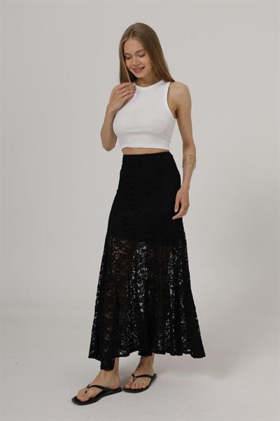 Bel Lastikli Dantel Etek - Siyah