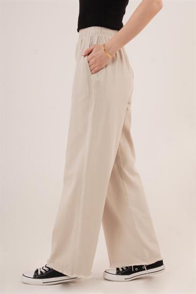 Bel Lastikli Paça Detaylı Cepli Krem Pantolon