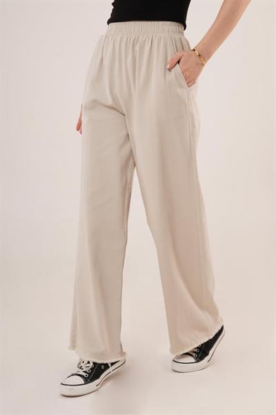 Bel Lastikli Paça Detaylı Cepli Krem Pantolon