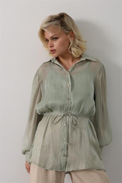 Belden Bağlamalı Uzun Kol Gömlek - Haki