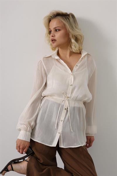 Belden Bağlamalı Uzun Kol Gömlek - Taş