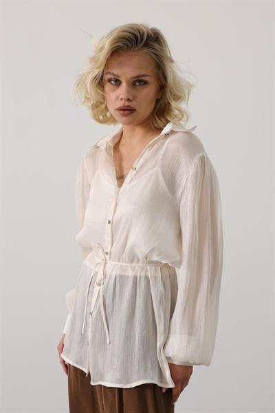 Belden Bağlamalı Uzun Kol Gömlek - Taş