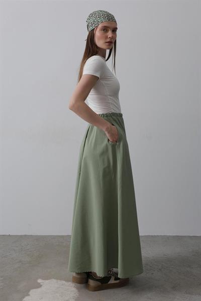 Belden Lastikli A Kesim Etek - Haki