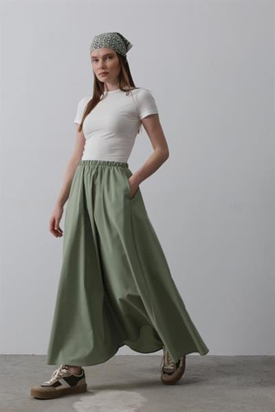 Belden Lastikli A Kesim Etek - Haki