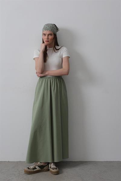 Belden Lastikli A Kesim Etek - Haki